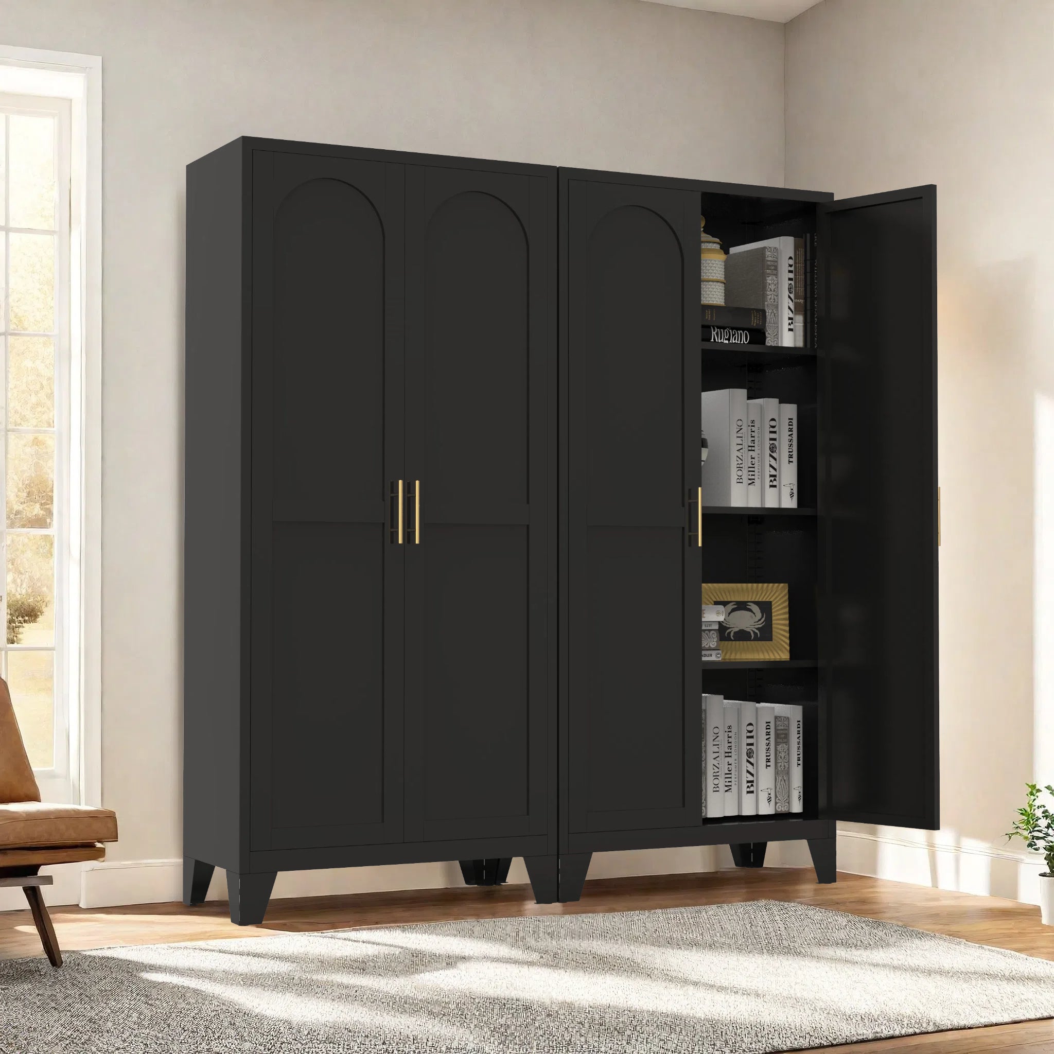 61'' 2 Shapely Doors Cabinet, Metal Storage Cabinet with Doors and Adjustable Shelves, for Bedroom, Living Room(Black) - Grand Goldman Shop