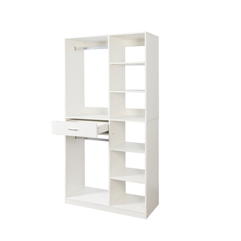 Freestanding Closet System,  Stand-Alone Wardrobe with 6 open Shelves,74.8'' Heigh Closetwith 1 Wood Drawers, Wood Walk-in Closet with 2 Hanging Rod, White - Grand Goldman Shop