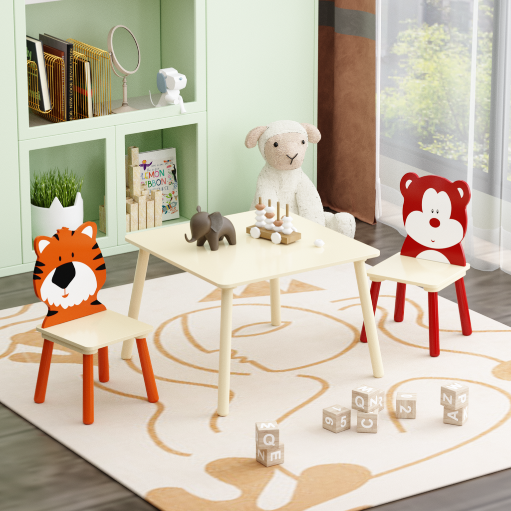 Kids Table and 2 Chairs Set, Wooden Activity Play Table Set with Bear & Tiger Design in White & Orange, Solid Wood and MDF Co