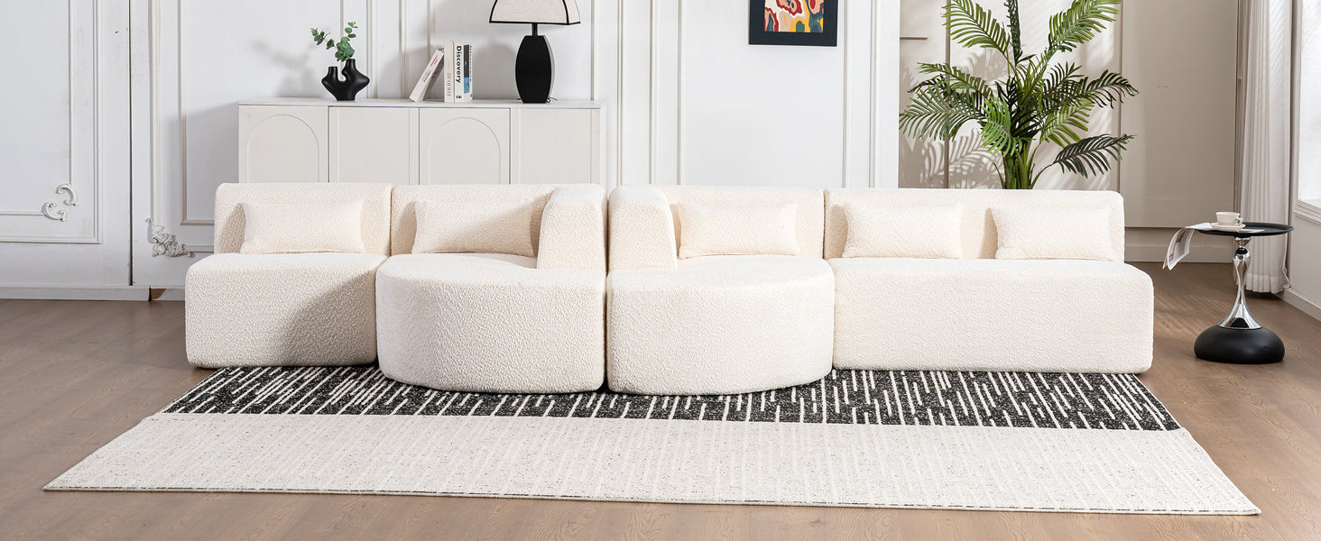 Modern Upholstered L-Shape Sofa with Chaise Lounge and Back Pillows, Beige Boucle Fabric, 144 inches - Grand Goldman Shop