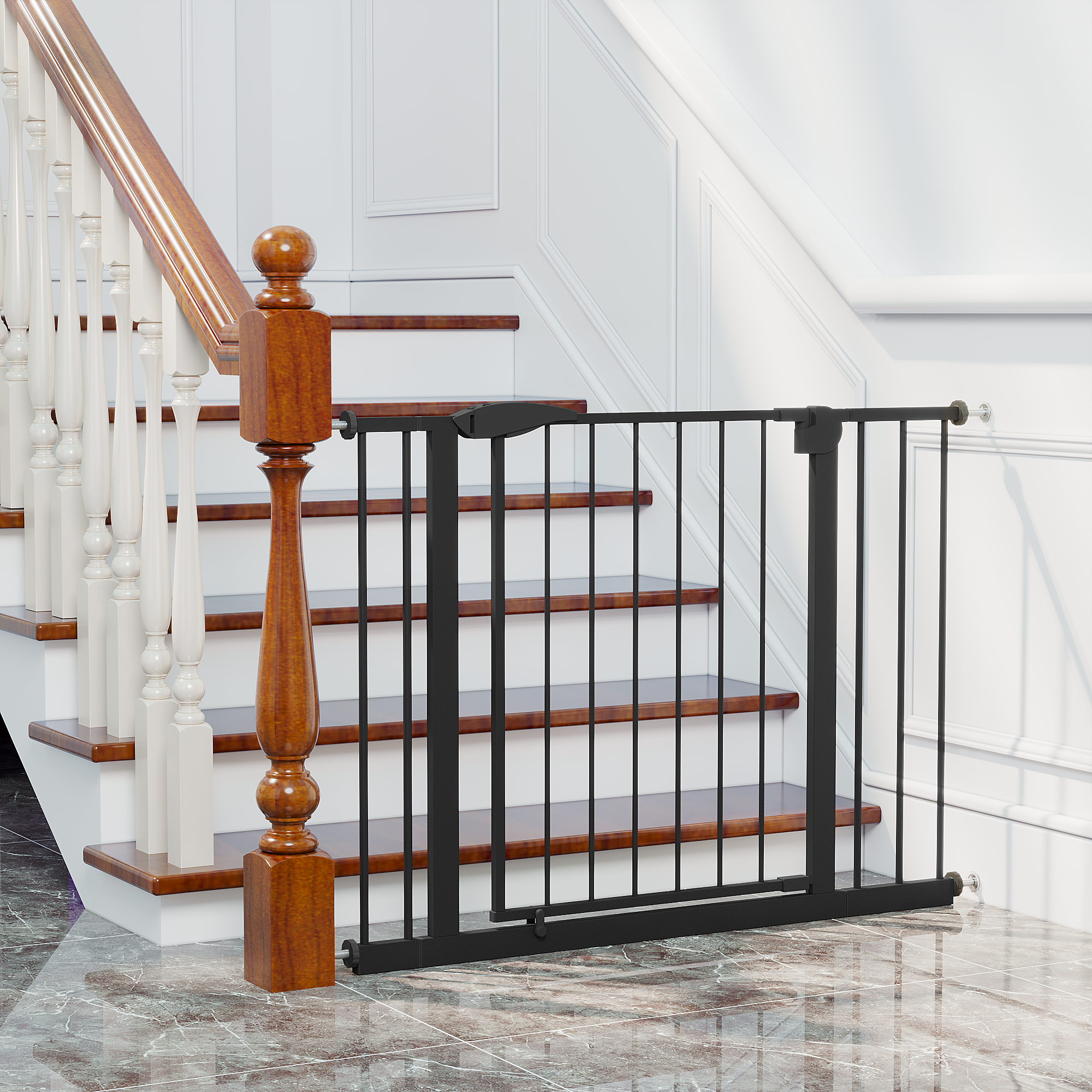 Black Pressure-Mounted Baby Gate for Stairs and Doorways, 29.5-44.1' Wide, Steel and ABS Construction, Easy Walk-Through Safe