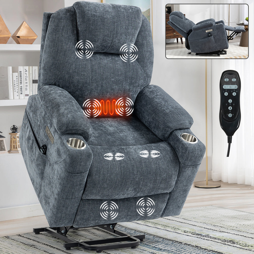 Up to 350 LBS Chenille Power Lift Recliner Chair, Heavy Duty Motion Mechanism with 8-Point Vibration Massage and Lumbar Heating, USB and Type-C Ports, Stainless Steel Cup Holders, Blue - Grand Goldman Shop