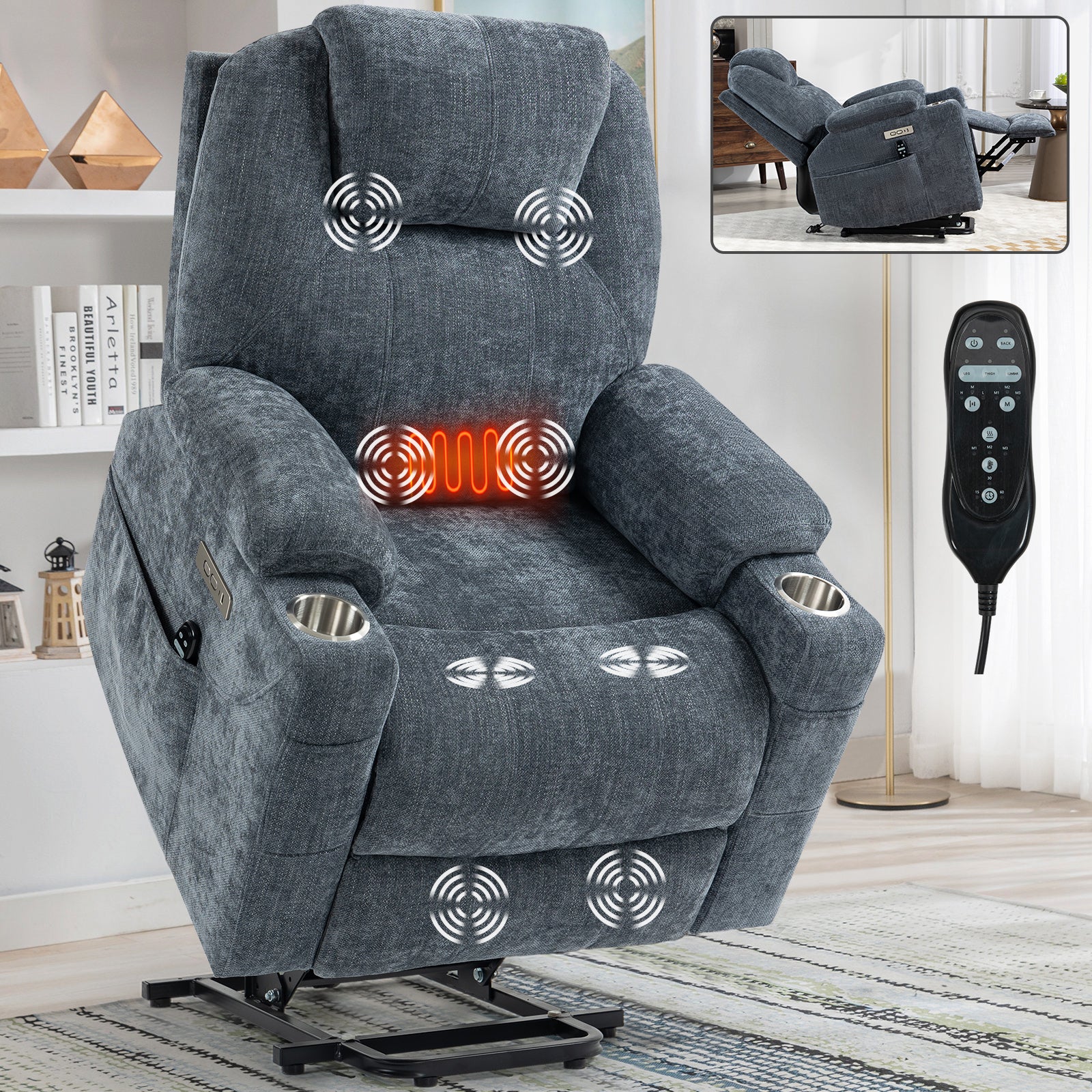 Up to 350 LBS Chenille Power Lift Recliner Chair, Heavy Duty Motion Mechanism with 8-Point Vibration Massage and Lumbar Heating, USB and Type-C Ports, Stainless Steel Cup Holders, Blue - Grand Goldman Shop