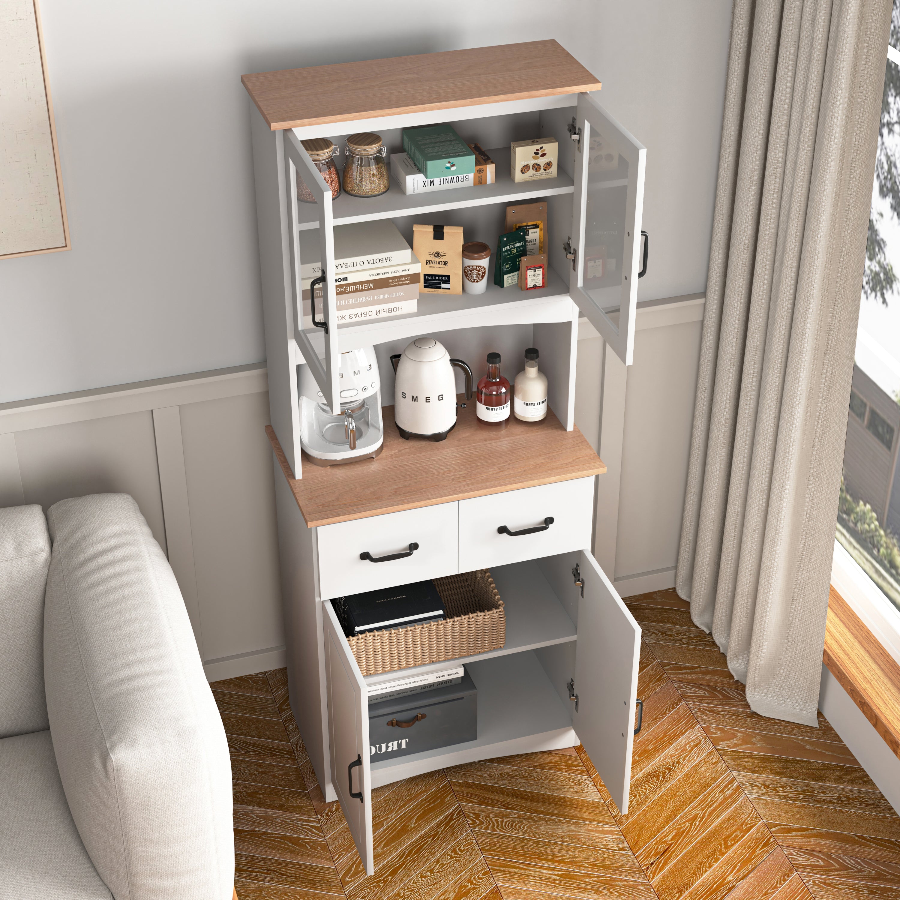 Wooden Kitchen Cabinet White Pantry Room Storage Microwave Cabinet with Framed Glass Doors and Drawer - Grand Goldman Shop