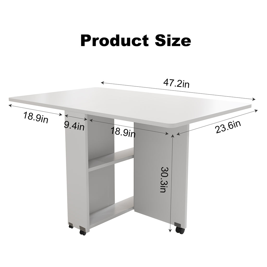 Folding Drop Leaf Dining Table with 6 Wheels and 2-Layer Storage Shelf, Space Saving Table for Small Spaces, 47.2 inch D x 23.6 inch W x 30.3 inch H, White - Grand Goldman Shop
