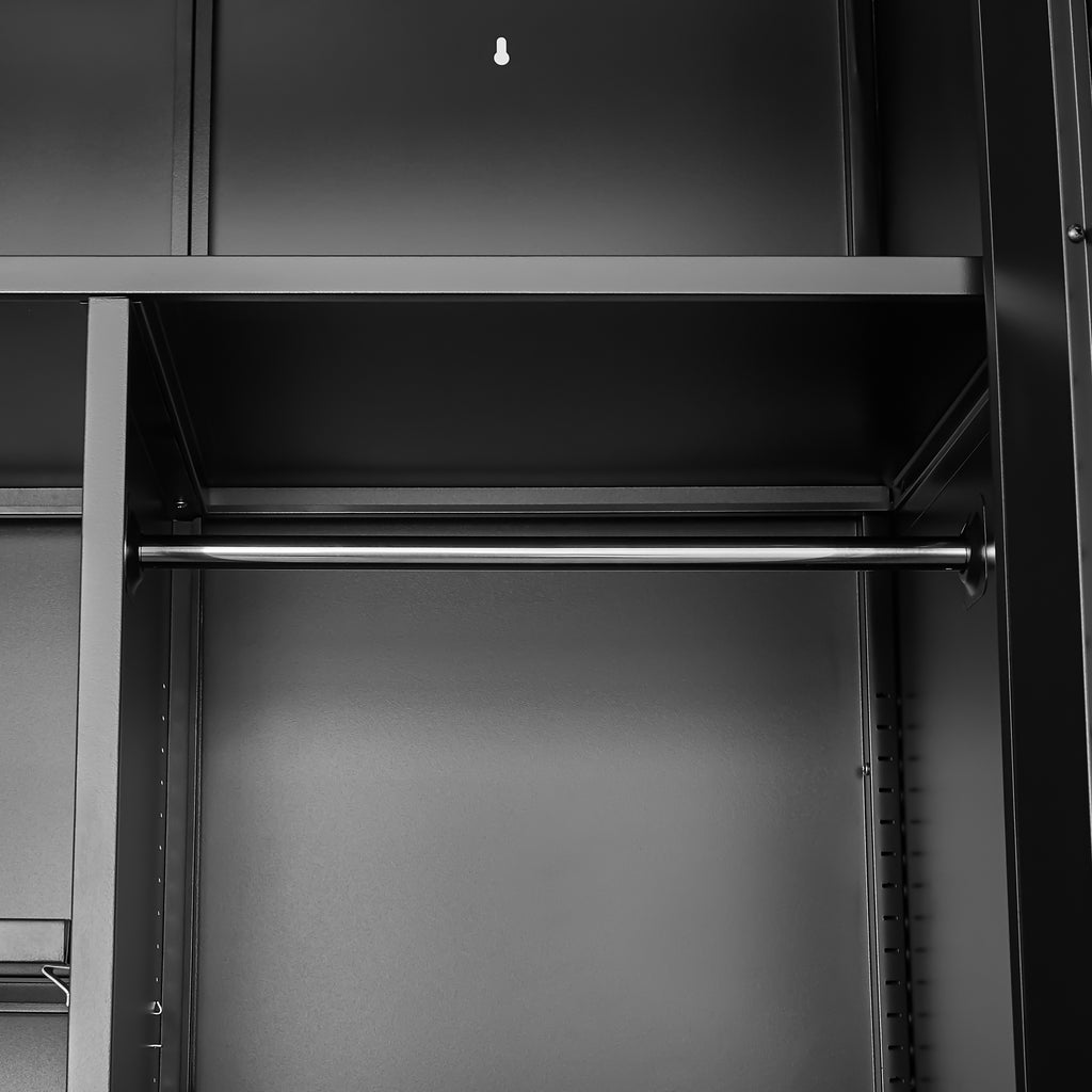 Wide & Deep Metal Storage Cabinet with Hanging Rod,Black Broom Closet Storage Cabinet with Lock, Tall Wardrobe Cabinets with 