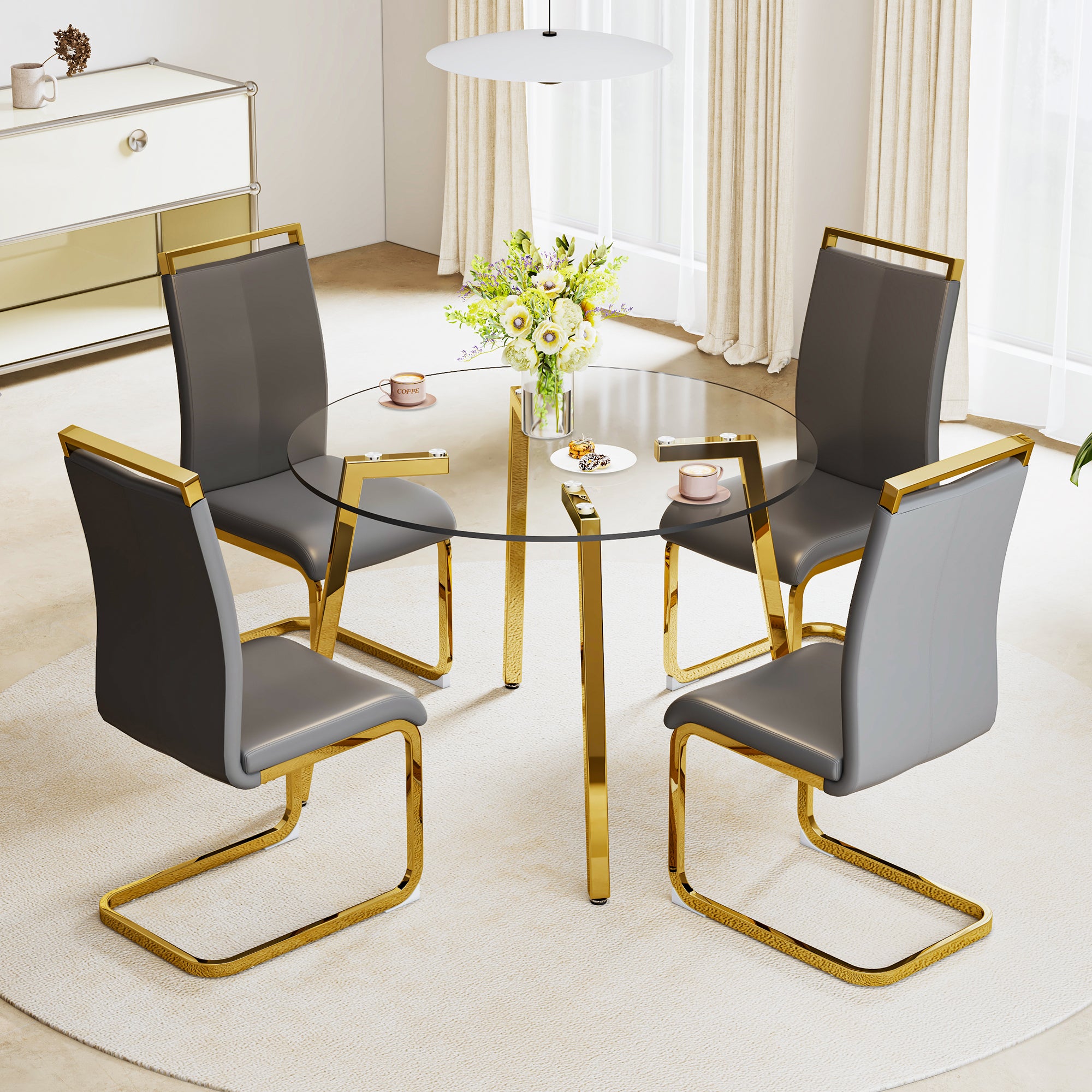 Modern minimalist style circular transparent tempered glass table, tempered glass tabletop, golden metal legs, suitable for kitchen, dining room, and living room, 42 '* 42' * 29.5 '1123r - Grand Goldman Shop