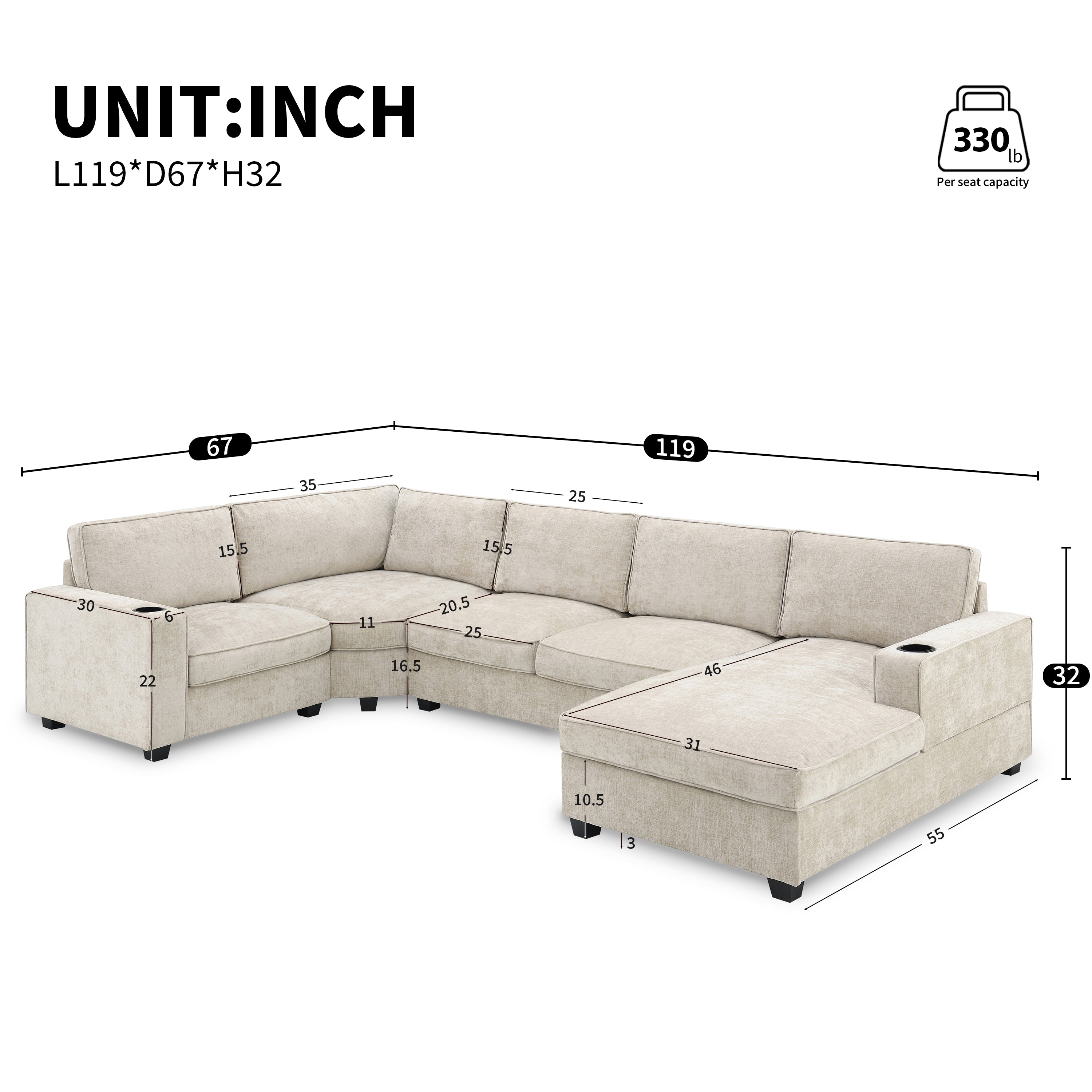 [VIDEO]119' U-Shaped Sectional Sofa, 6 Seat Chenille Corner Couch Set with Cup Holders, Oversized Chaise Lounge, Irregular Corner, Deep and Wide Seat, Comfy Sofa for Living Room&Apartment, 2 Colors - Grand Goldman Shop