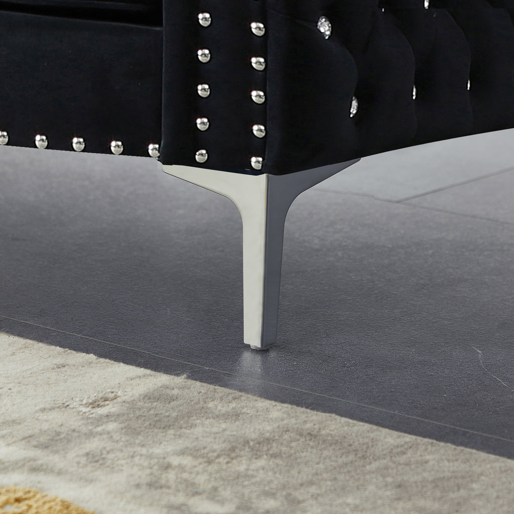59.4 Inch Wide Black Velvet Sofa with Jeweled buttons,Square Arm ,2 Pillows - Grand Goldman Shop