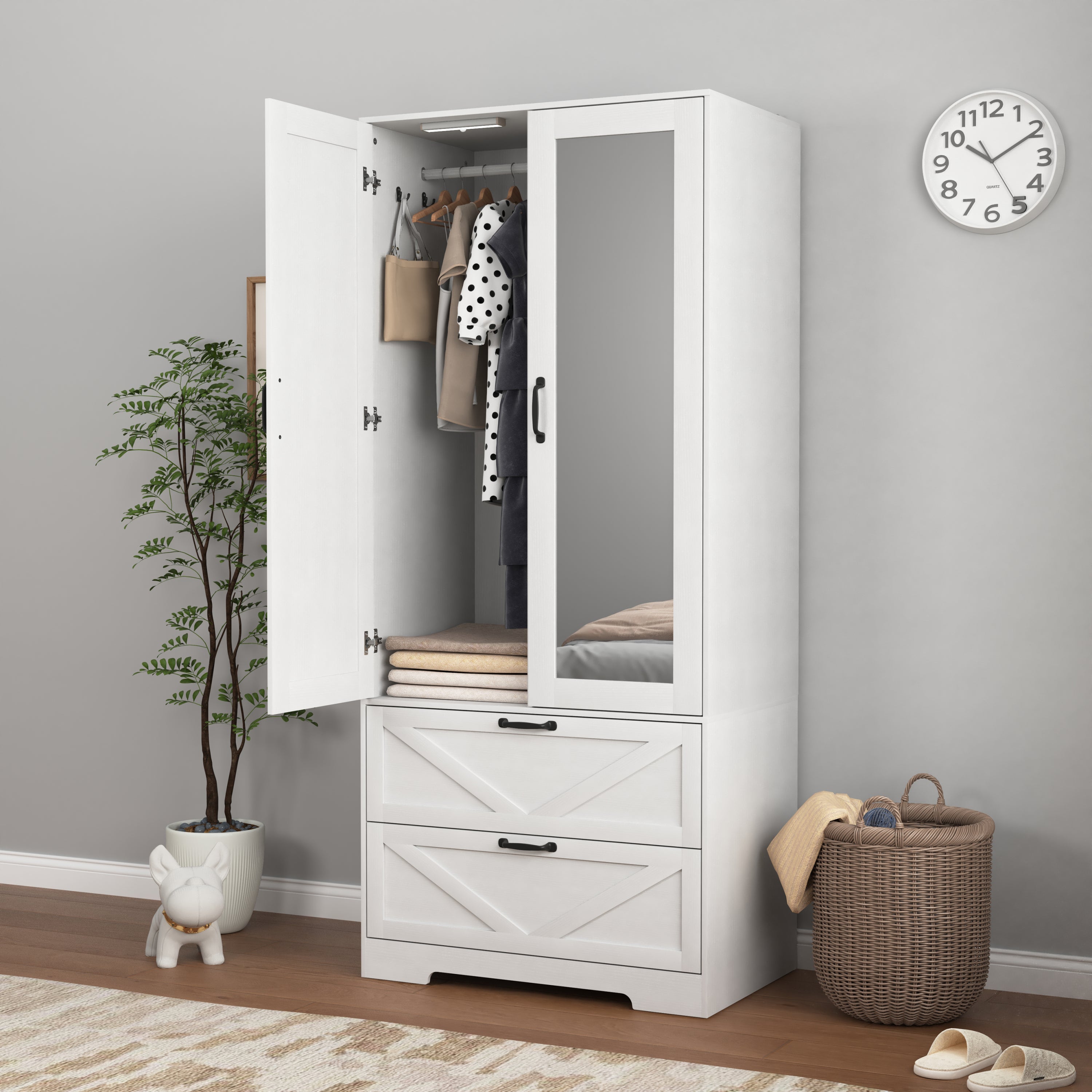 2 Door Wood Wardrobe for Bedroom with Hanging Clothing Rod inside the Cabinet and 2 Drawers for Storage Organization, Built-in induction light Multifunctional Closet with Mirror, White - Grand Goldman Shop