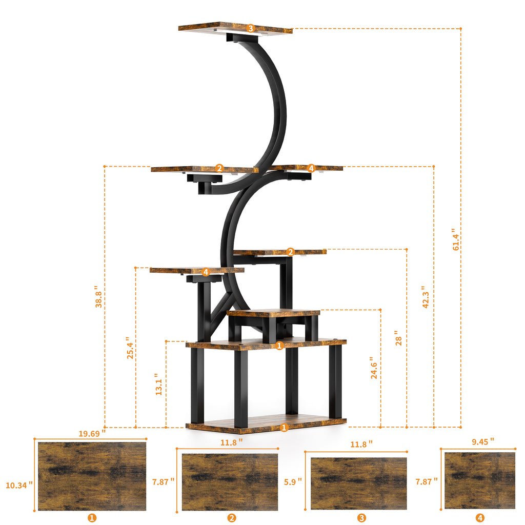 8-Tier Indoor Plant Stand with 5 Grow Lights, Rustic Brown MDF+Metal, 10-Level Dimming, 62-Inch Tall for Living Room or Garden - Grand Goldman Shop
