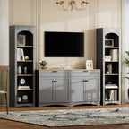 ON-TREND 3-Piece Farmhouse Entertainment Center with Storage Cabinet for TVs Up to 70', Mid-Century TV Stand with Bookshelf, Rustic Versatile Sideboard with Adjustable Shelves for Living Room, Grey - Grand Goldman Shop