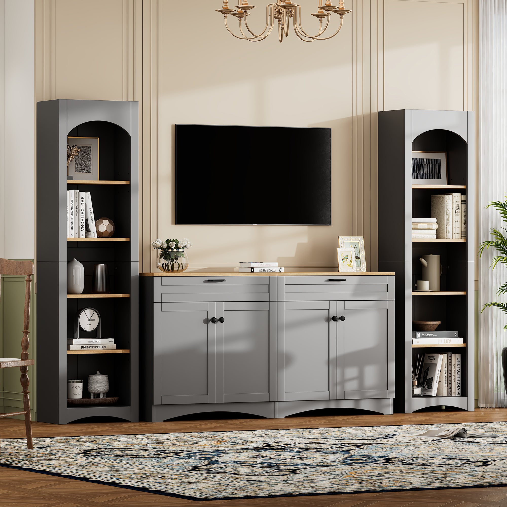 ON-TREND 3-Piece Farmhouse Entertainment Center with Storage Cabinet for TVs Up to 70', Mid-Century TV Stand with Bookshelf, Rustic Versatile Sideboard with Adjustable Shelves for Living Room, Grey - Grand Goldman Shop
