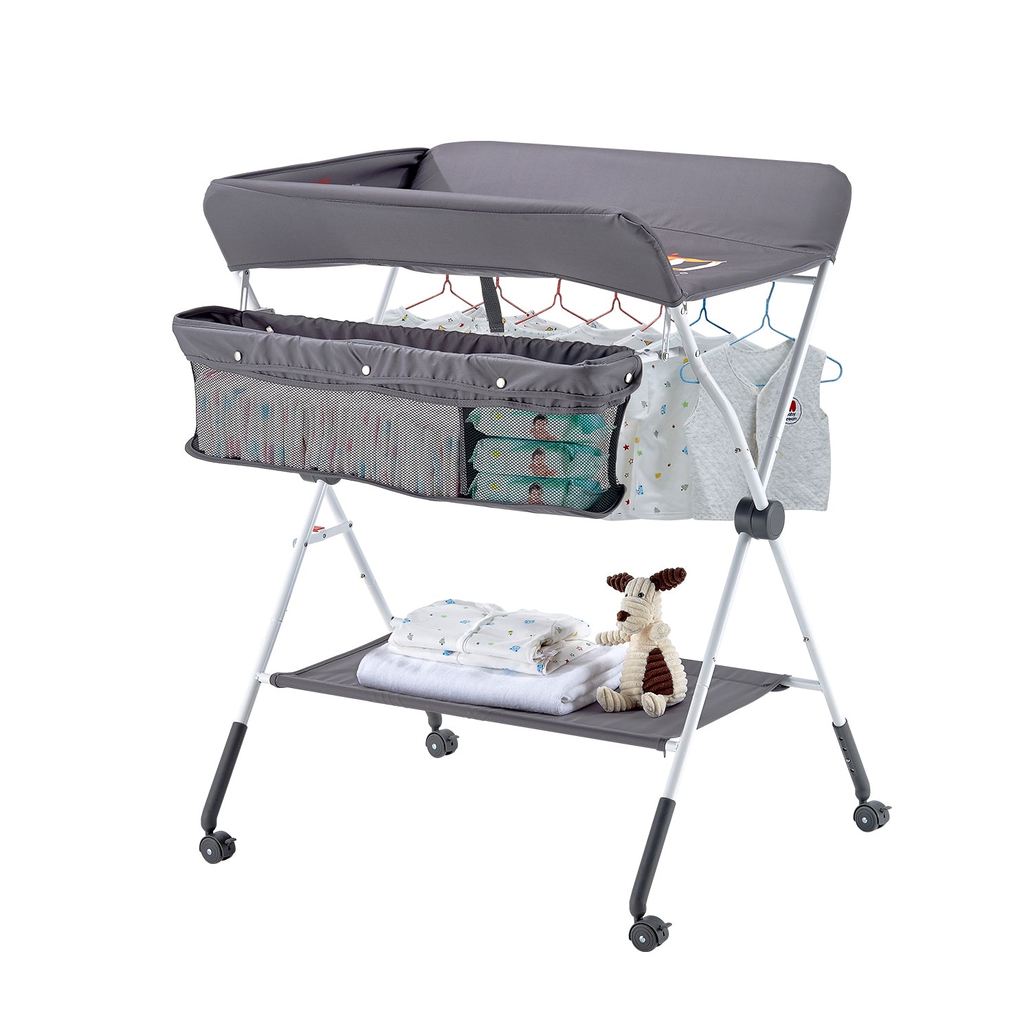 Foldable Baby Changing Diaper Station with Side Basket & Wheels Dark Gray - Grand Goldman