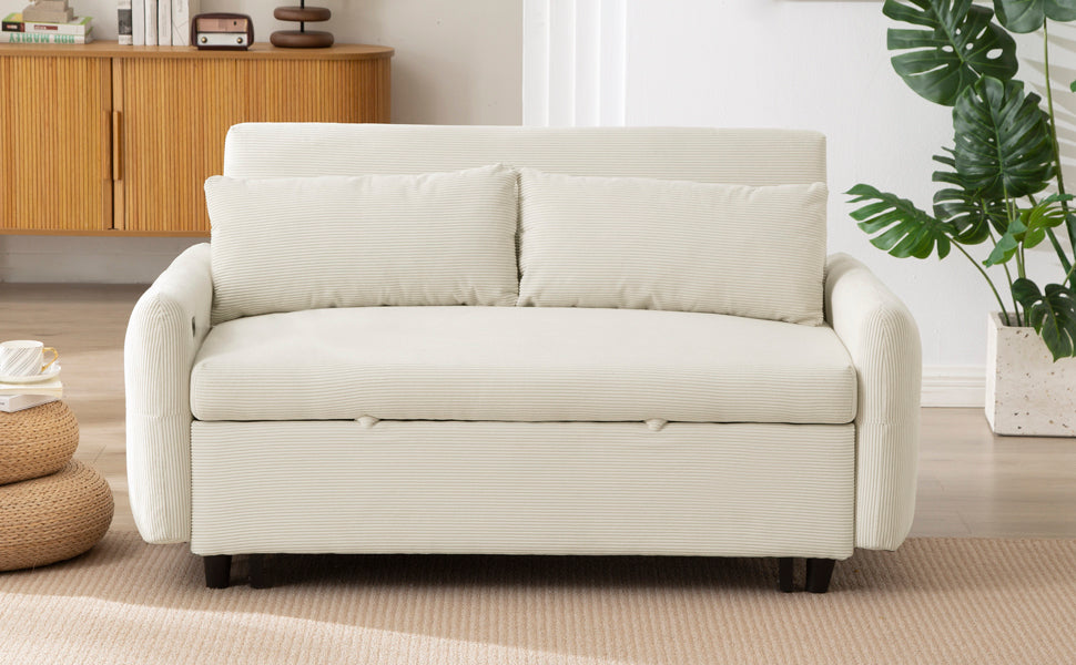 Modern Convertible Pull-out Sofa Bed with USB Ports and Pillows, Beige Corduroy, 57.48 inches - Grand Goldman Shop