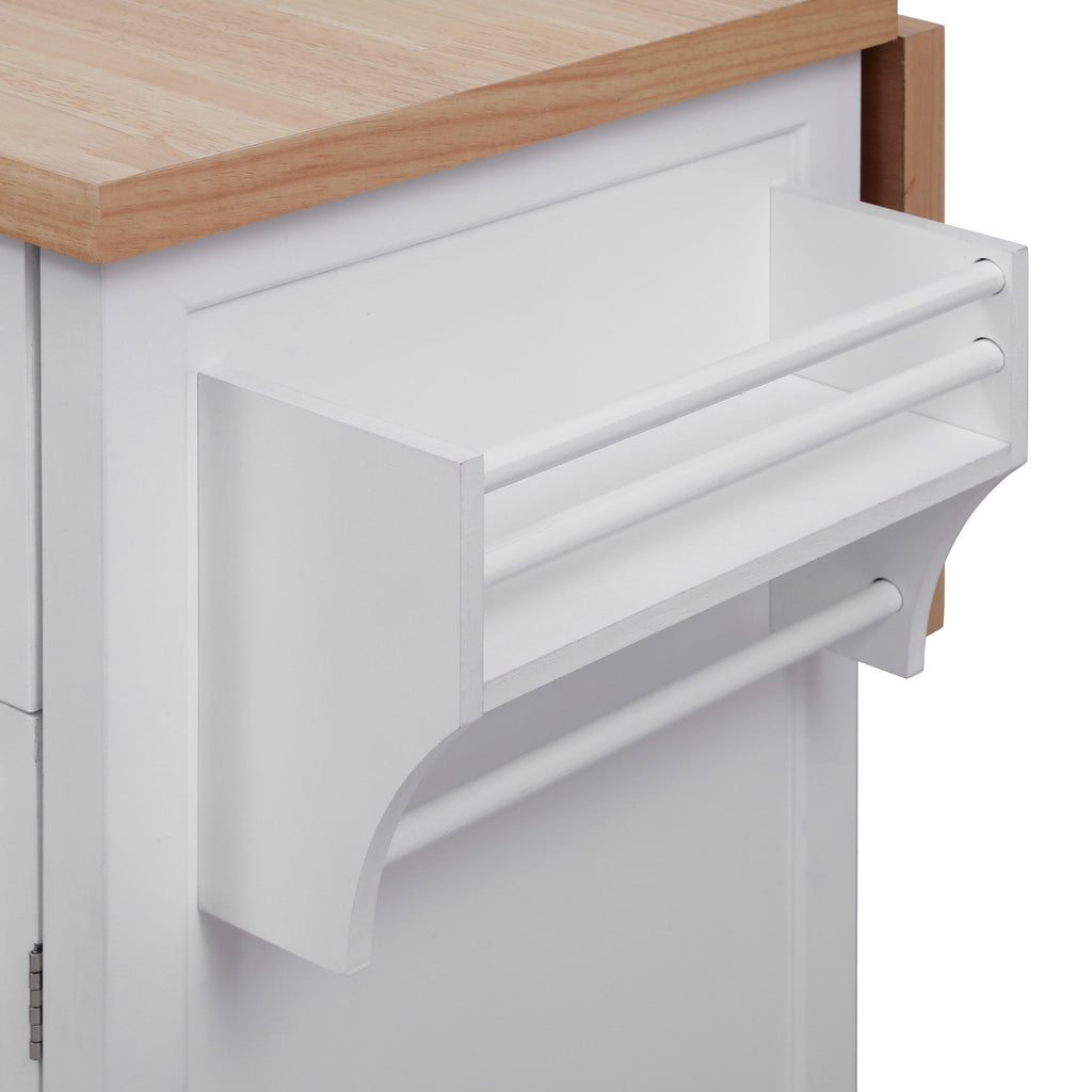 K&K 56.5'' Kitchen Island with Drop Leaf, Power Outlet, Embossed Vertical Stripe Rolling Kitchen Cart on Wheels with 4 Doors , 5 Deep Drawers and Adjustable Shelves, for Kitchen, Dining Room, White - Grand Goldman Shop