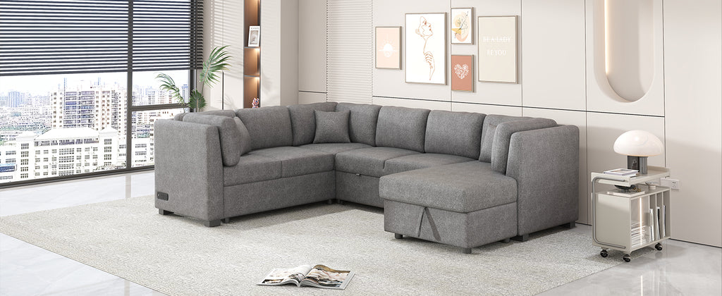 U-shaped Sectional Sofa Pull out Sofa Bed with USB Ports, Power Sockets, Storage Chaise, Light Gray Chenille, 108.6' - Grand Goldman Shop