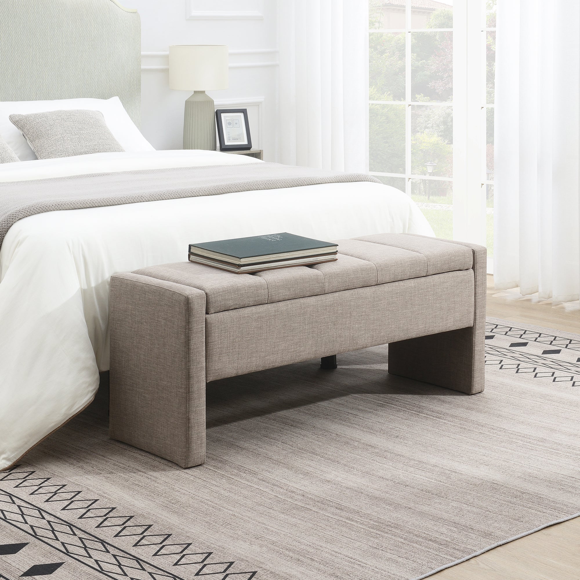 Modern Upholstered Bed End Bench with Storage, Comfy Linen Grey Brown Foot Rest - Grand Goldman Shop