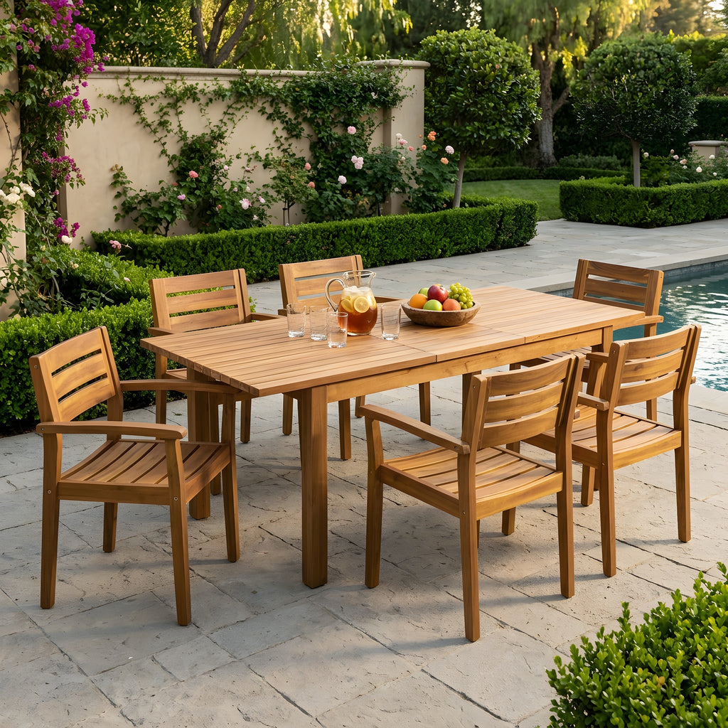 7 Pieces Acacia Wood Outdoor Dining Set s,Modern 6 Chairs 1 Large Table,Dining Furniture Set for Lawn, Backyard, Garden Deck,Poolside,Teak