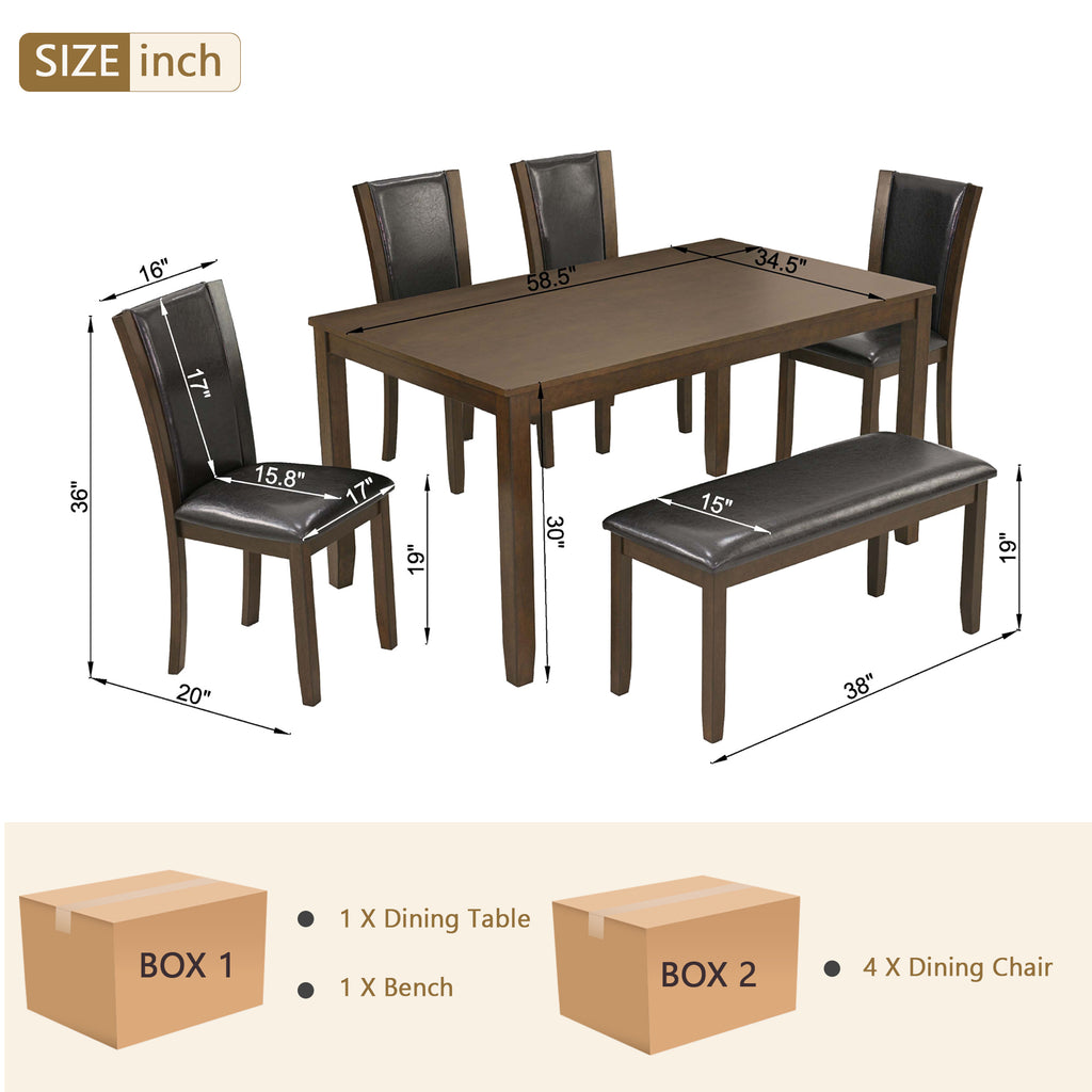 6-Piece Dining Table Set with Bench and Chairs, Wooden dining table set for 6 people, Farmhouse Rustic Style 6 Person Dining Table Set for Dining Room, Kitchen, Dark Walnut - Grand Goldman Shop