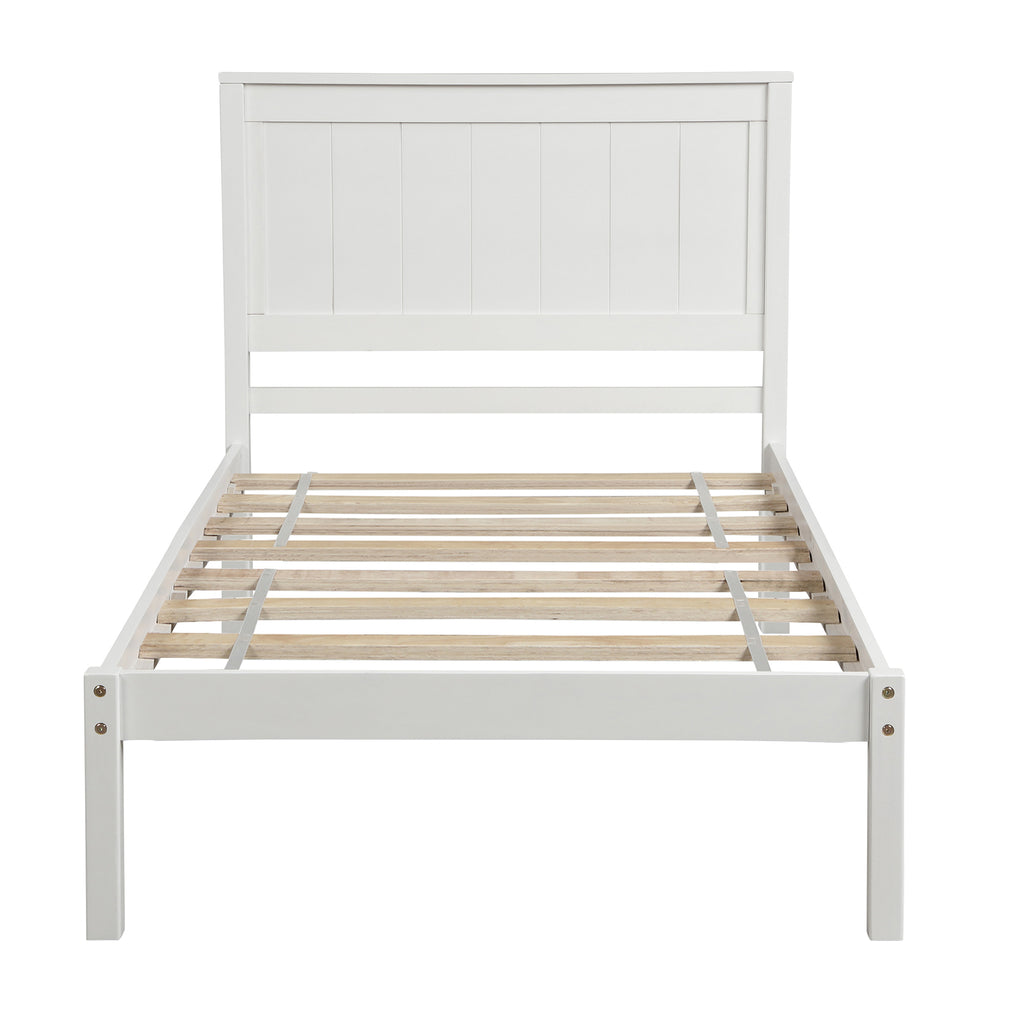 White Platform Bed Frame with Headboard, Wood Slat Support, No Box Spring Needed, Twin, Pine and MDF - Grand Goldman Shop