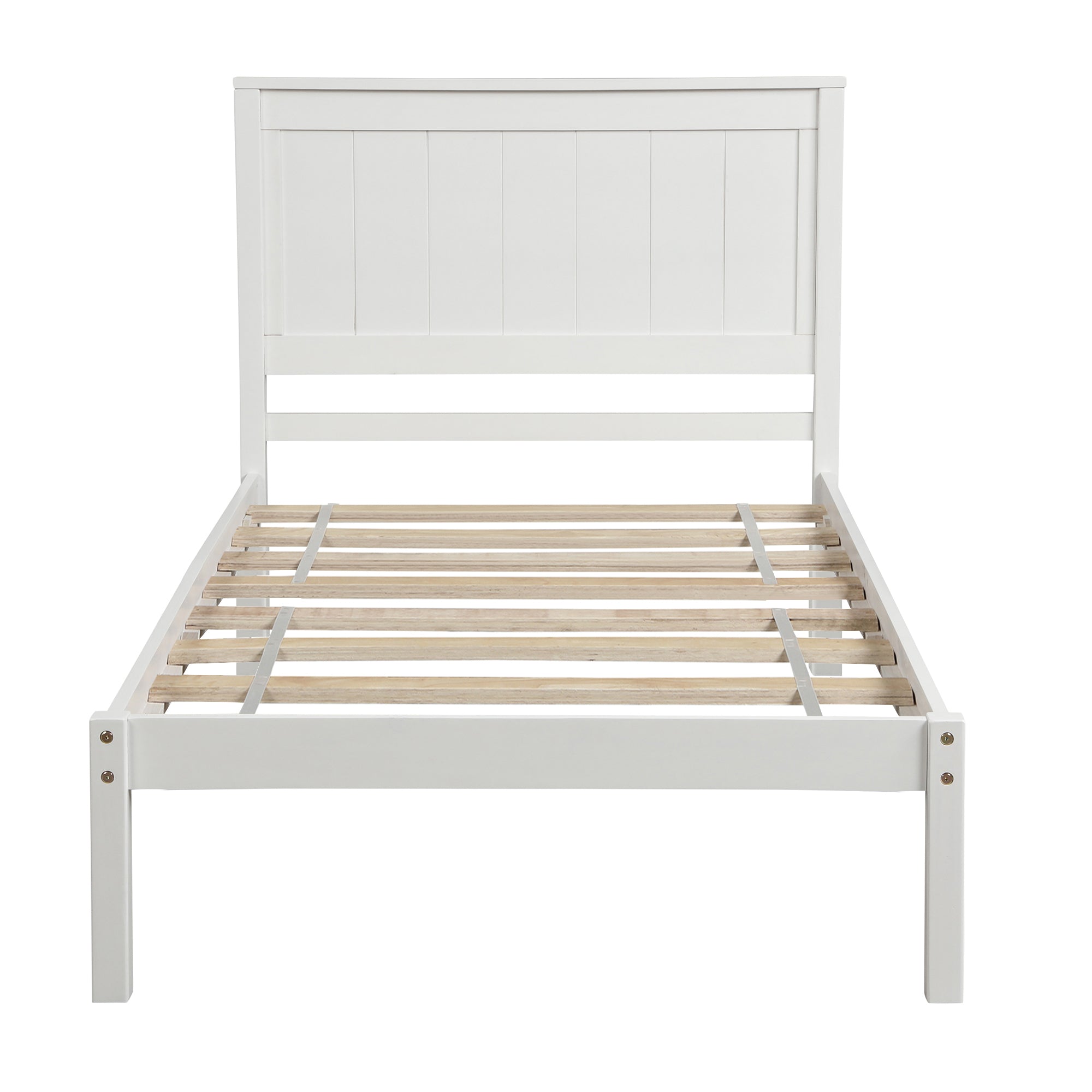 White Platform Bed Frame with Headboard, Wood Slat Support, No Box Spring Needed, Twin, Pine and MDF - Grand Goldman Shop
