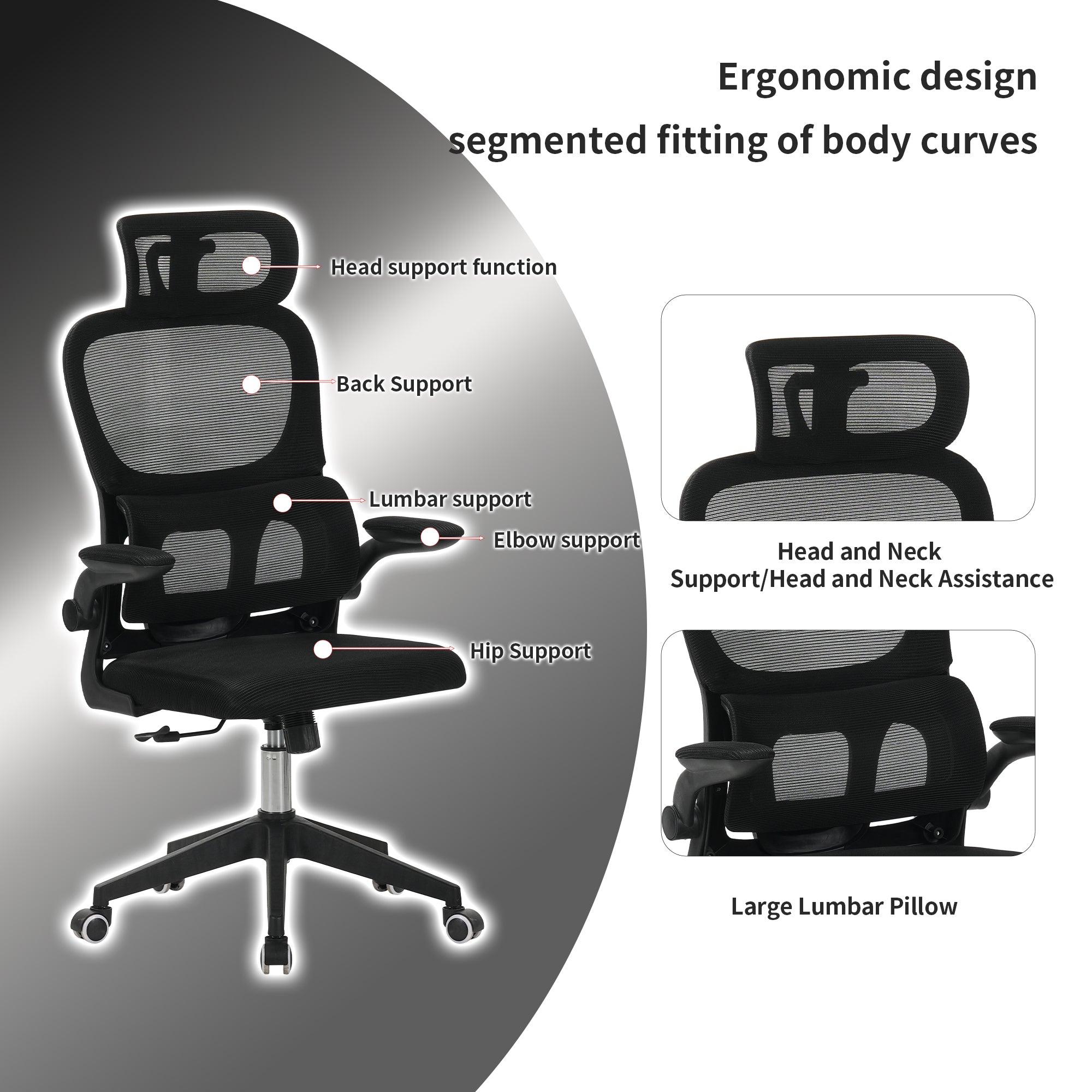 High Back Ergonomic Office Chair with Mesh Fabric, Black, Big and Tall Design for Home Office, Task Chair with Tilt Function,
