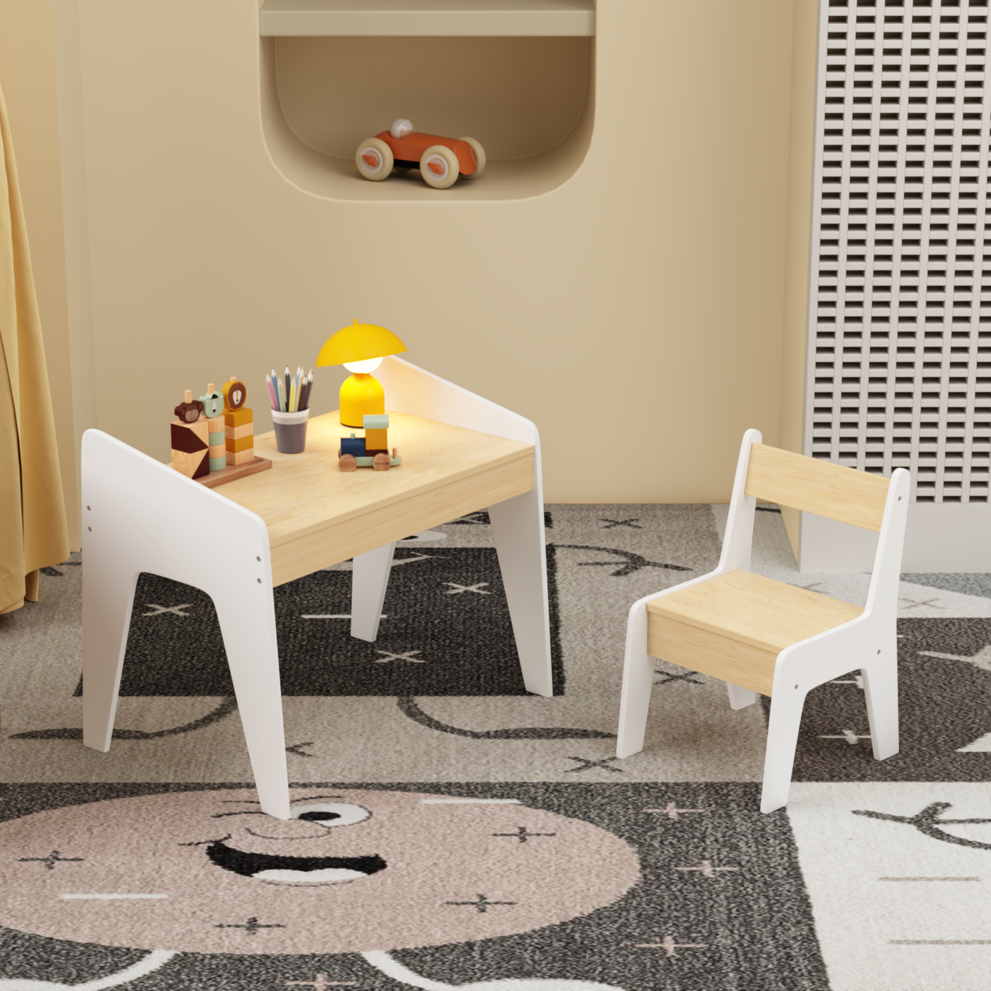 Kids Table Set with One Chair, Wooden Children Study Table, 2-8  Age Kids Funiture , White+Natural - Grand Goldman