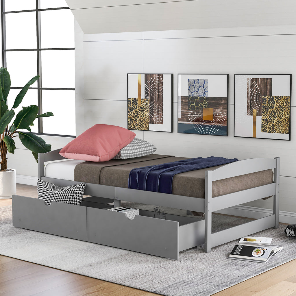 Gray Twin Size Platform Bed with Two Drawers, Pine Wood and MDF Construction - Grand Goldman Shop