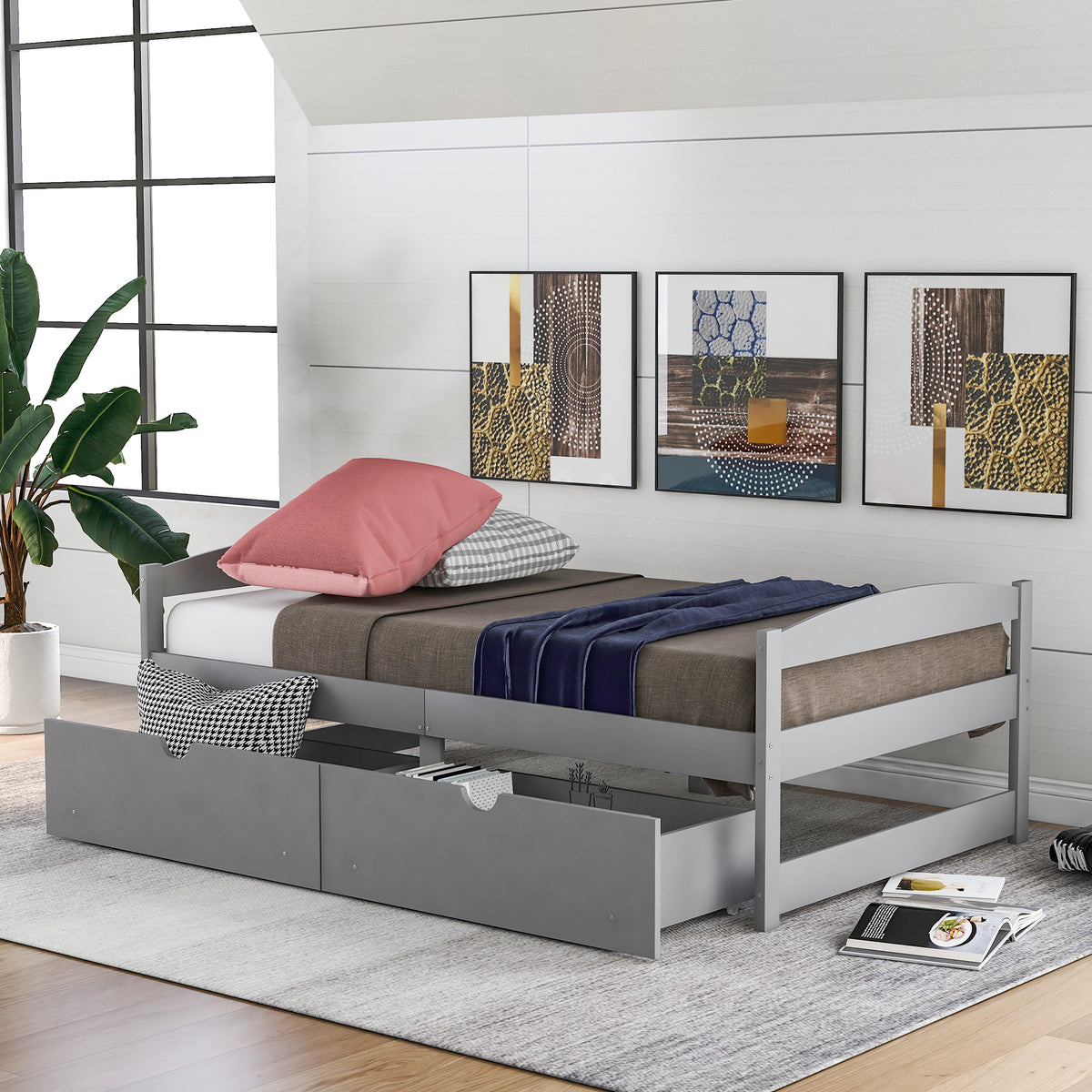 Gray Twin Size Platform Bed with Two Drawers, Pine Wood and MDF Construction - Grand Goldman Shop