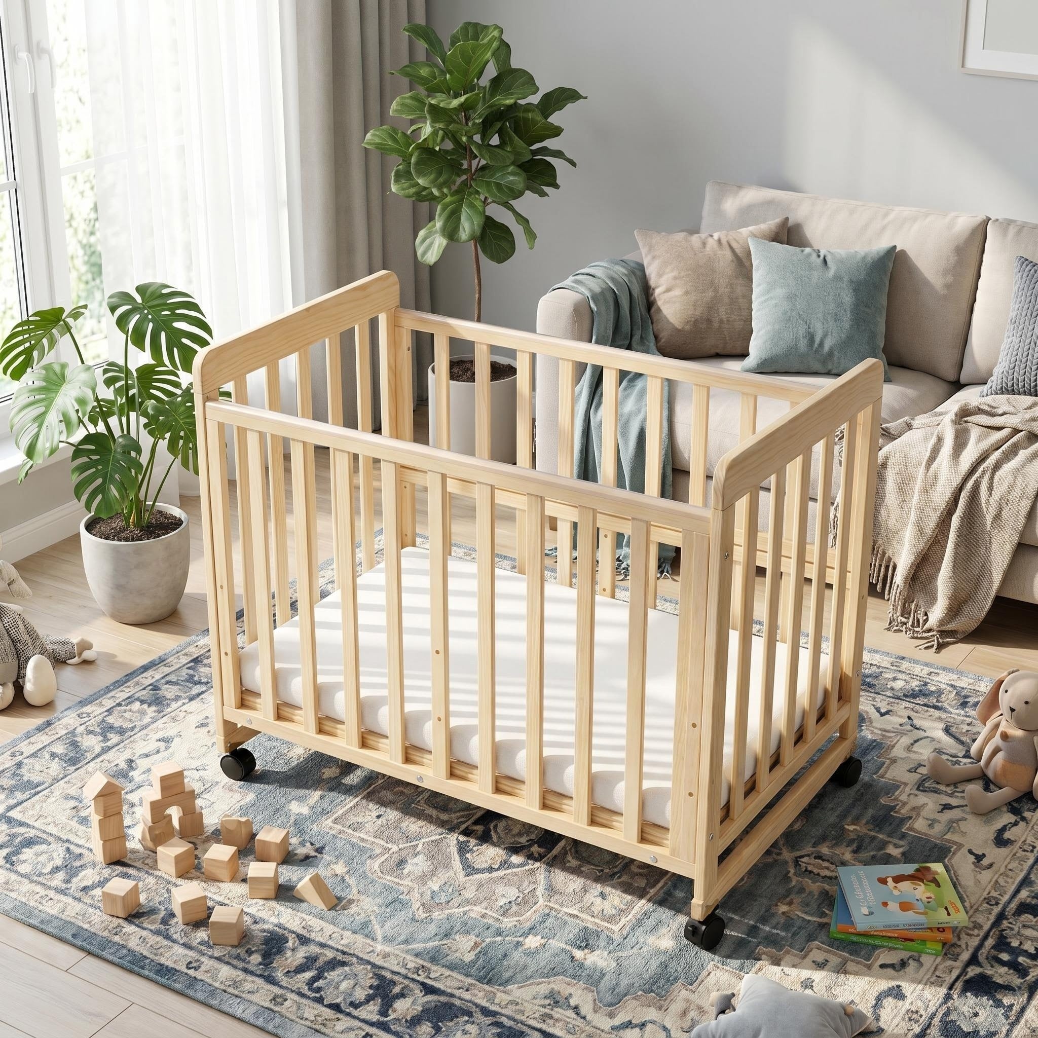 Portable Pine Wood Bedside Bassinet with 3 Adjustable Heights, Natural Wood Mini Crib for Newborns 0-36 Months, Compact Desig