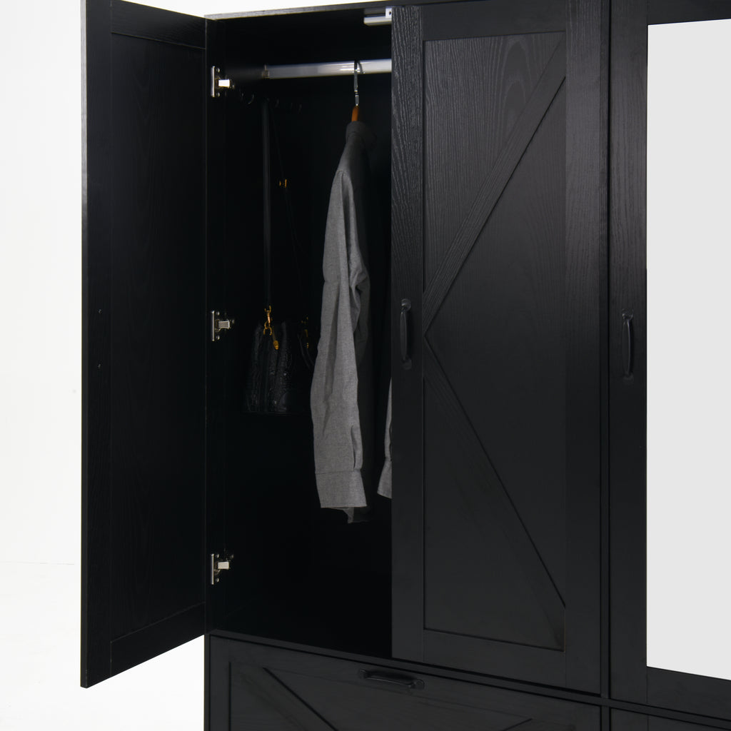 4 Doors Wardrobe Closet with Mirror, LED Wardrobe with Doors and 2 Drawers, Wooden Wardrobe Storage Cabinet with Hanging Rod, Adjustable Shelves, Black - Grand Goldman Shop