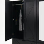4 Doors Wardrobe Closet with Mirror, LED Wardrobe with Doors and 2 Drawers, Wooden Wardrobe Storage Cabinet with Hanging Rod, Adjustable Shelves, Black - Grand Goldman Shop