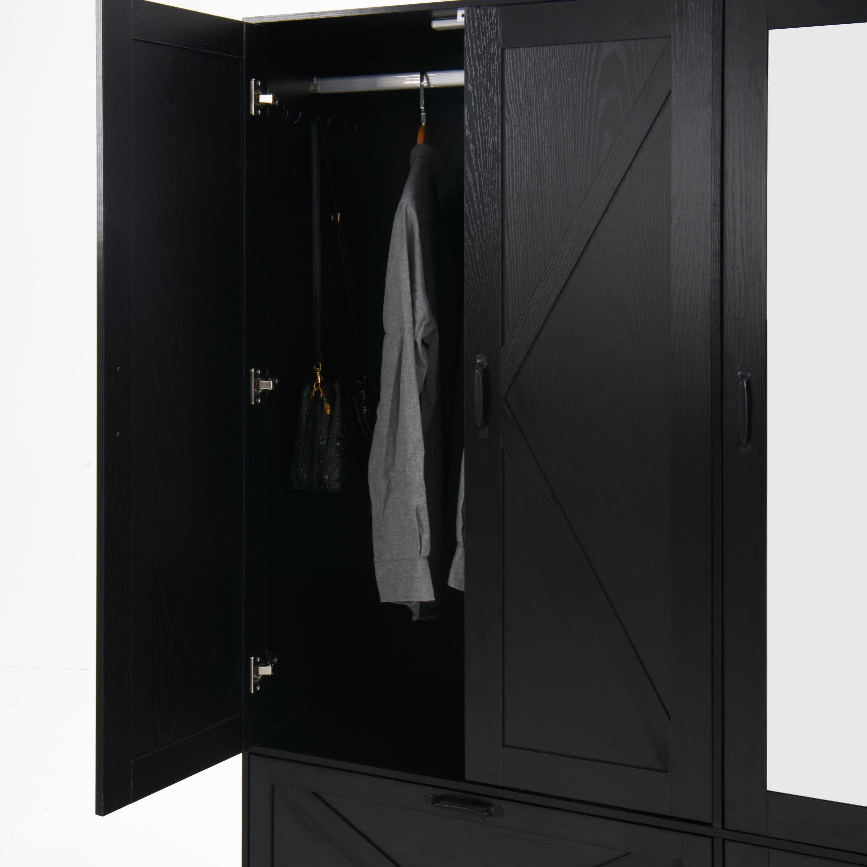 4 Doors Wardrobe Closet with Mirror, LED Wardrobe with Doors and 2 Drawers, Wooden Wardrobe Storage Cabinet with Hanging Rod, Adjustable Shelves, Black - Grand Goldman Shop
