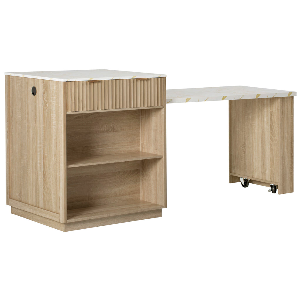 K&K 82.6' Fluted Kitchen Island with Extendable Dining Table for 4-6, Island Table for Kitchen with Power Outlet, Kitchen Table with Double-Side Storage, 2 Drawers 2 Side Open Shelves, Natural - Grand Goldman Shop