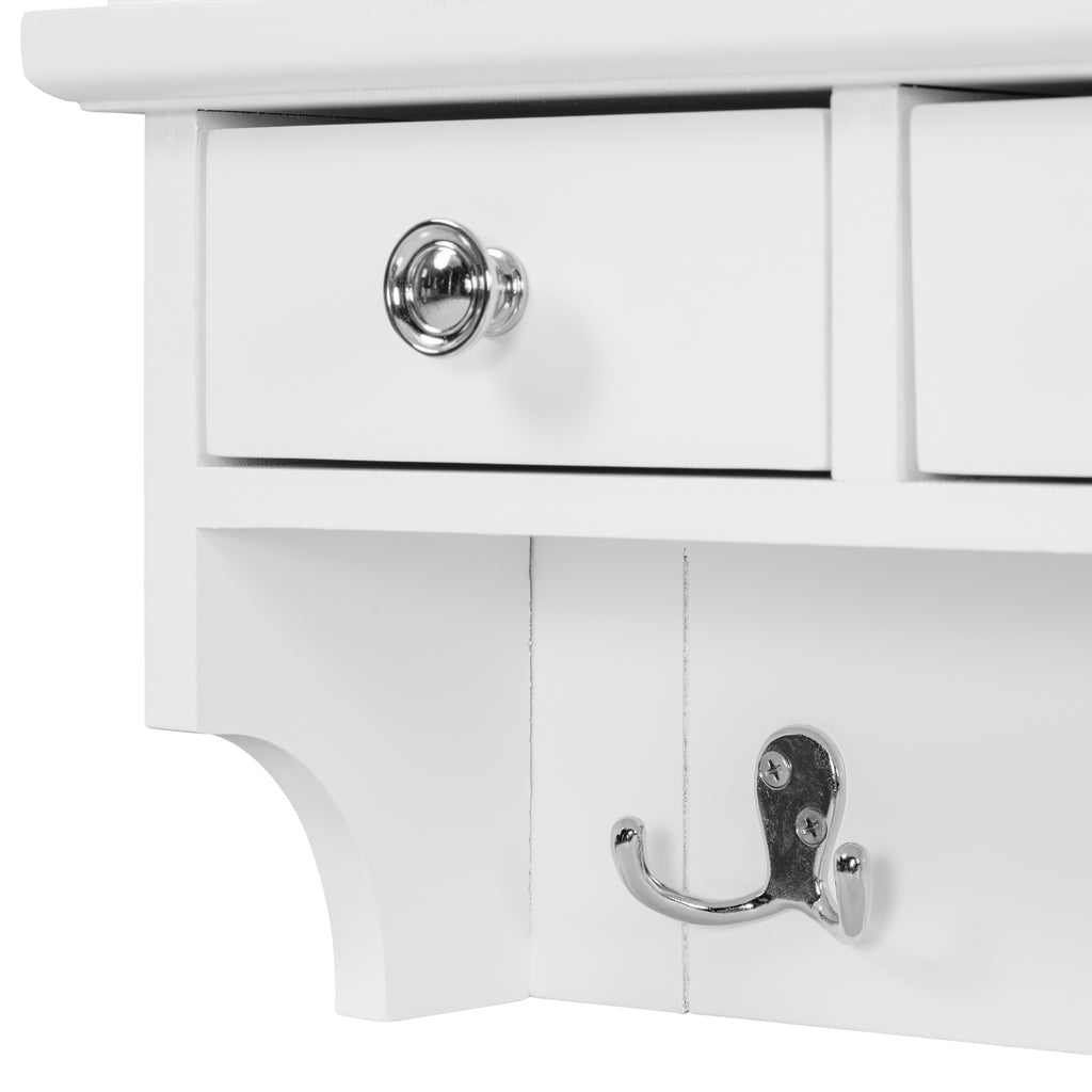 Floating Makeup Vanity with Big Mirror, Wall-Mounted Storage Vanity with Drawers, Pockets & Hooks, Space-Saving Decorative Home Organizer, White, Engineered Wood, 23.8 x 6.1 x 31.8 inches - Grand Goldman Shop