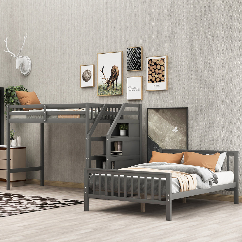 Gray Twin over Full Loft Bed with Staircase and Storage, Pine Wood and MDF, 97.2''L x 78.4''W x 61.4''H - Grand Goldman Shop