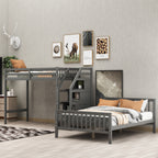 Gray Twin over Full Loft Bed with Staircase and Storage, Pine Wood and MDF, 97.2''L x 78.4''W x 61.4''H - Grand Goldman Shop