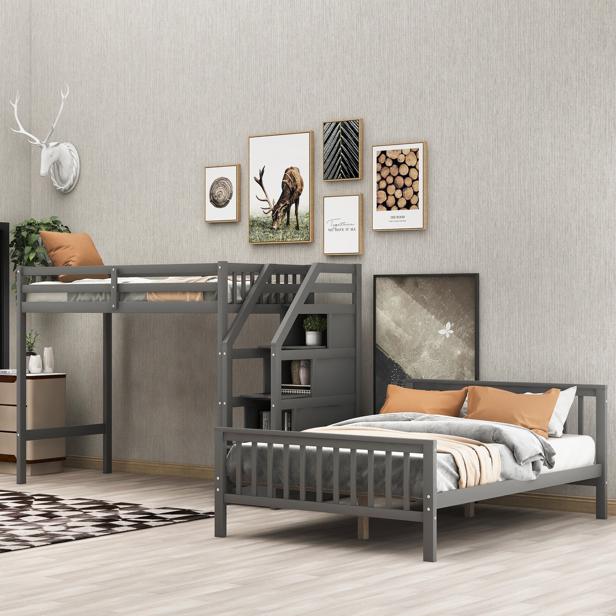 Gray Twin over Full Loft Bed with Staircase and Storage, Pine Wood and MDF, 97.2''L x 78.4''W x 61.4''H - Grand Goldman Shop