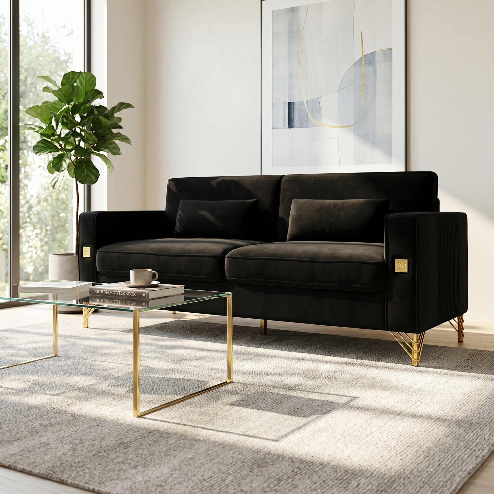 FX-P18-BK(sofa)Luxury Velvet Sofa with Gold Accents - Modern 3-Seat Couch with Plush Cushions, Perfect for Living Room and Office Decor - Grand Goldman Shop