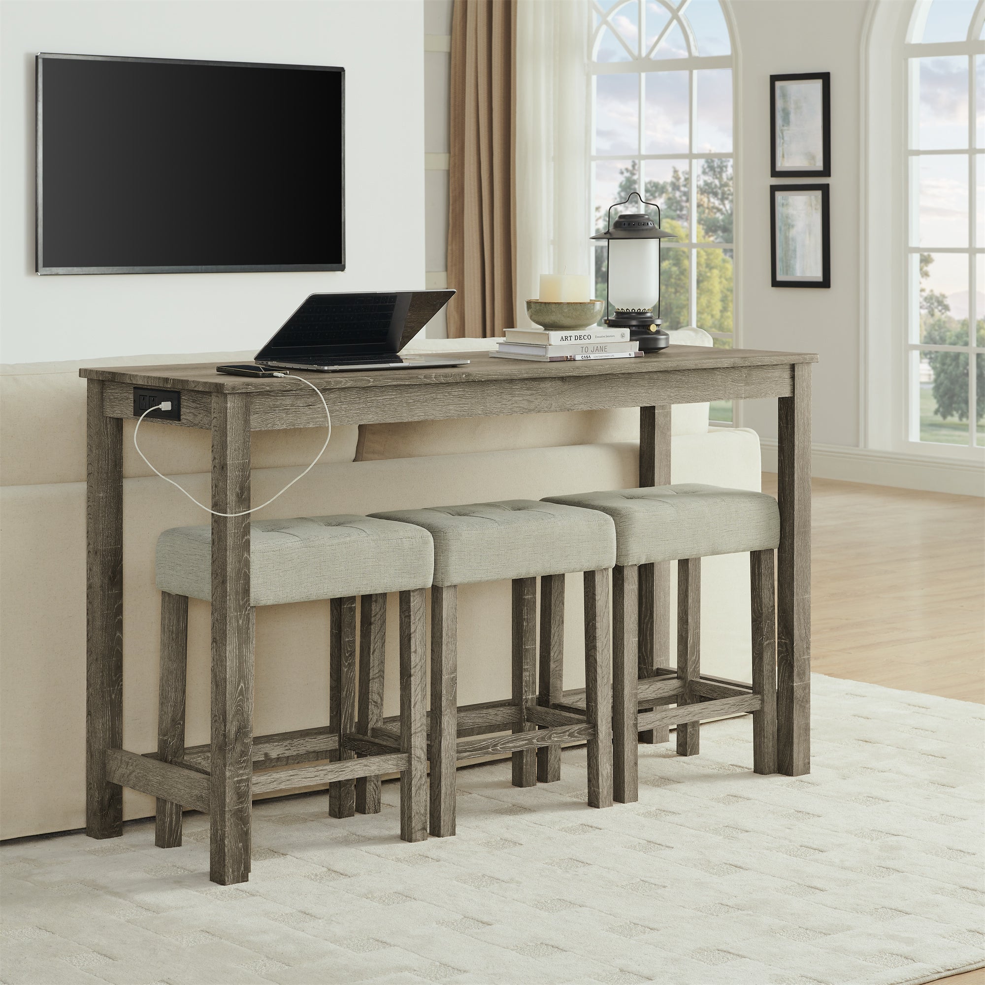 59 Inch Bar Table, Dining Table, Sofa Table with Power Outlet, 3 Upholstered Stools, 4 Piece Bar Table and Chair Set for Living Room, Dining Room, Kitchen - Grand Goldman Shop
