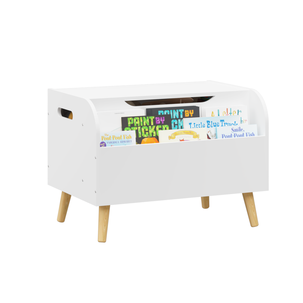 Wooden Toy Box with Front Bookshelf, Flip-Top Lid, Safety Hinge for Kids Room Organization in White, Solid Wood & MDF Constru