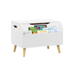 Wooden Toy Box with Front Bookshelf, Flip-Top Lid, Safety Hinge for Kids Room Organization in White, Solid Wood & MDF Constru