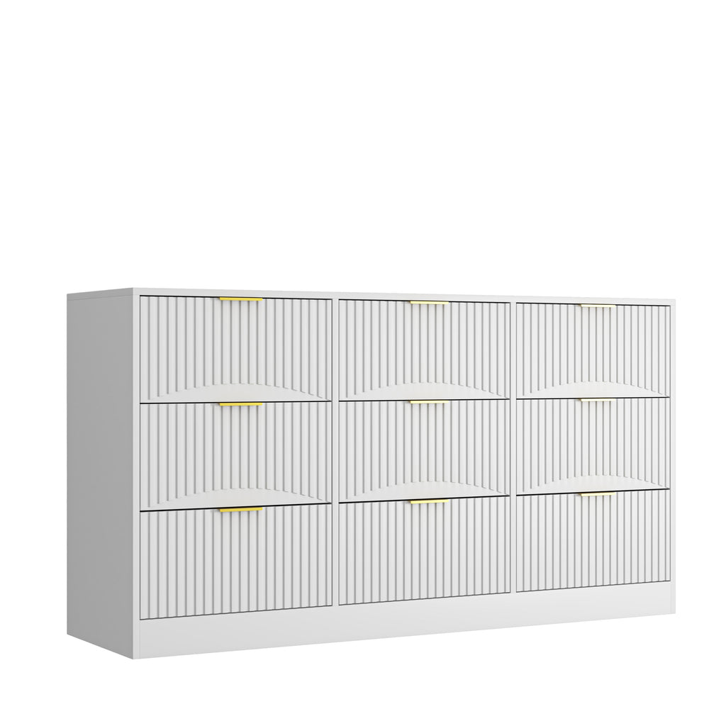 White 9 Drawer Dresser, 63' Large Deep Chest of Drawers, Wooden Dresser Storage Cabinet with 9 Drawers for Bedroom, Long Dressers for Living Room, Hallway, Drawer panel with wavy patterns - Grand Goldman Shop