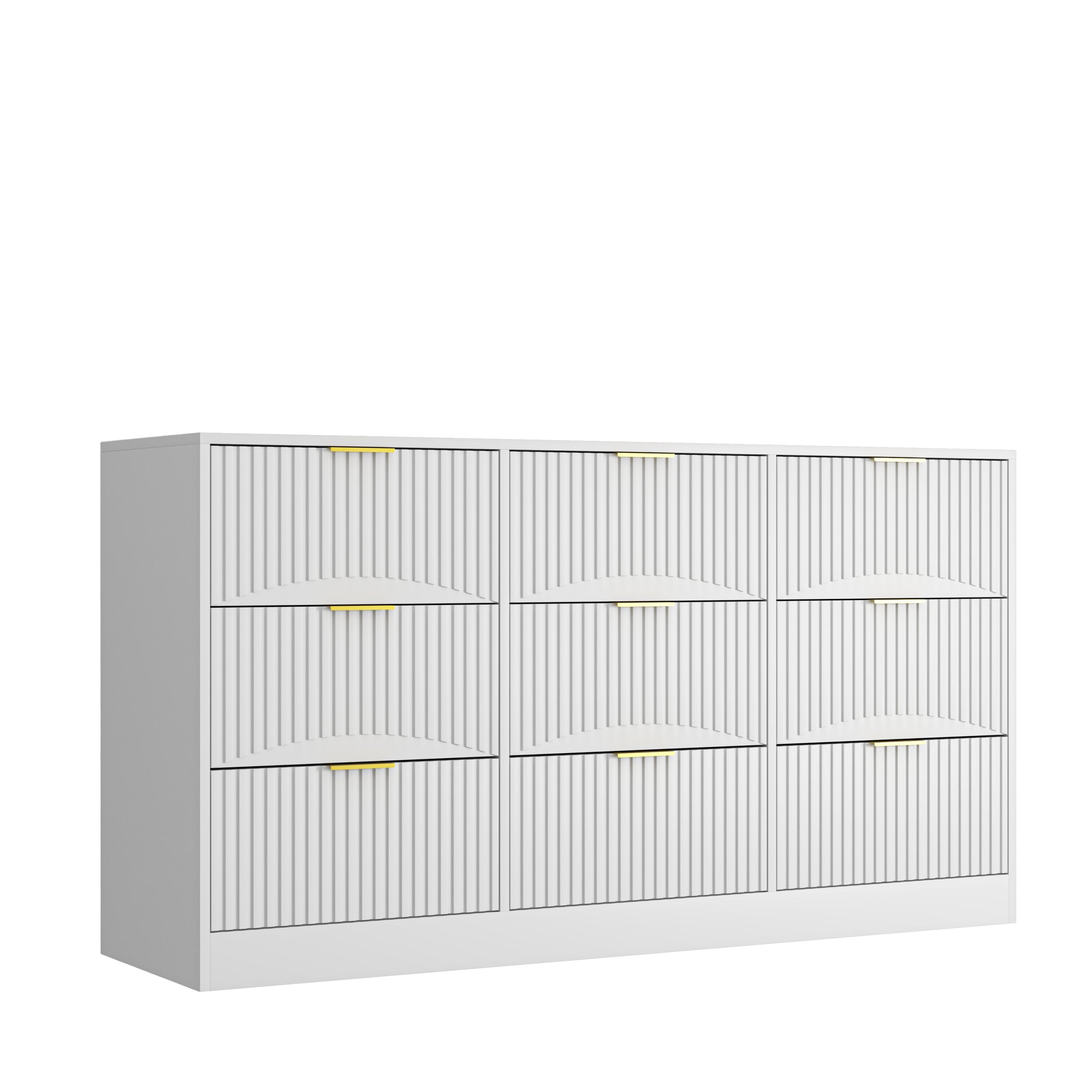 White 9 Drawer Dresser, 63' Large Deep Chest of Drawers, Wooden Dresser Storage Cabinet with 9 Drawers for Bedroom, Long Dressers for Living Room, Hallway, Drawer panel with wavy patterns - Grand Goldman Shop