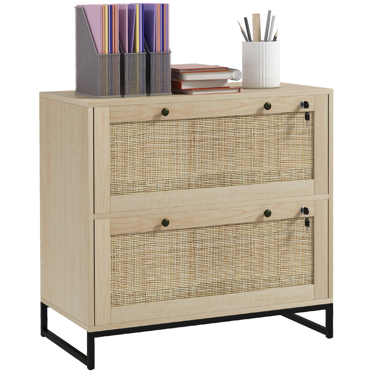 Vinsetto 2 Drawer File Cabinet with Lock, Vertical Filing Cabinet with Keys, Rattan Drawers and Adjustable Hanging Bar for Le