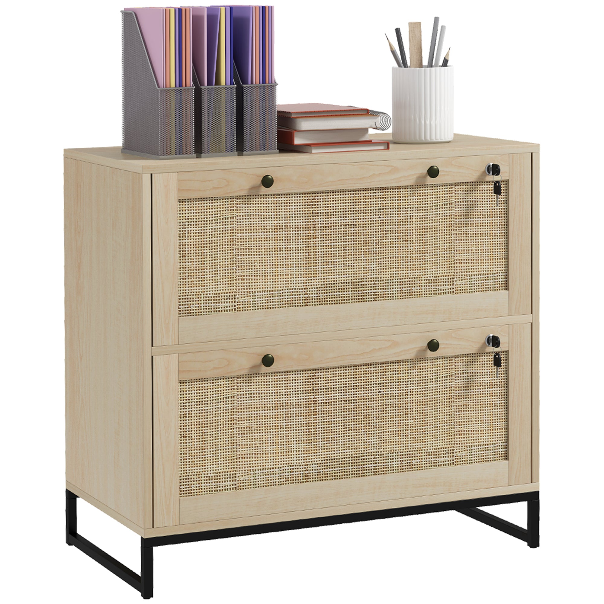 Vinsetto 2 Drawer File Cabinet with Lock, Vertical Filing Cabinet with Keys, Rattan Drawers and Adjustable Hanging Bar for Le