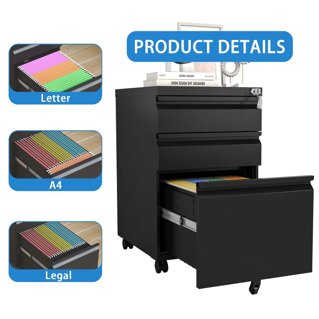Black Metal 3 Drawer Mobile File Cabinet with Lock for Home Office Organizer, Fully Assembled | Premium Home Decor - Grand Go