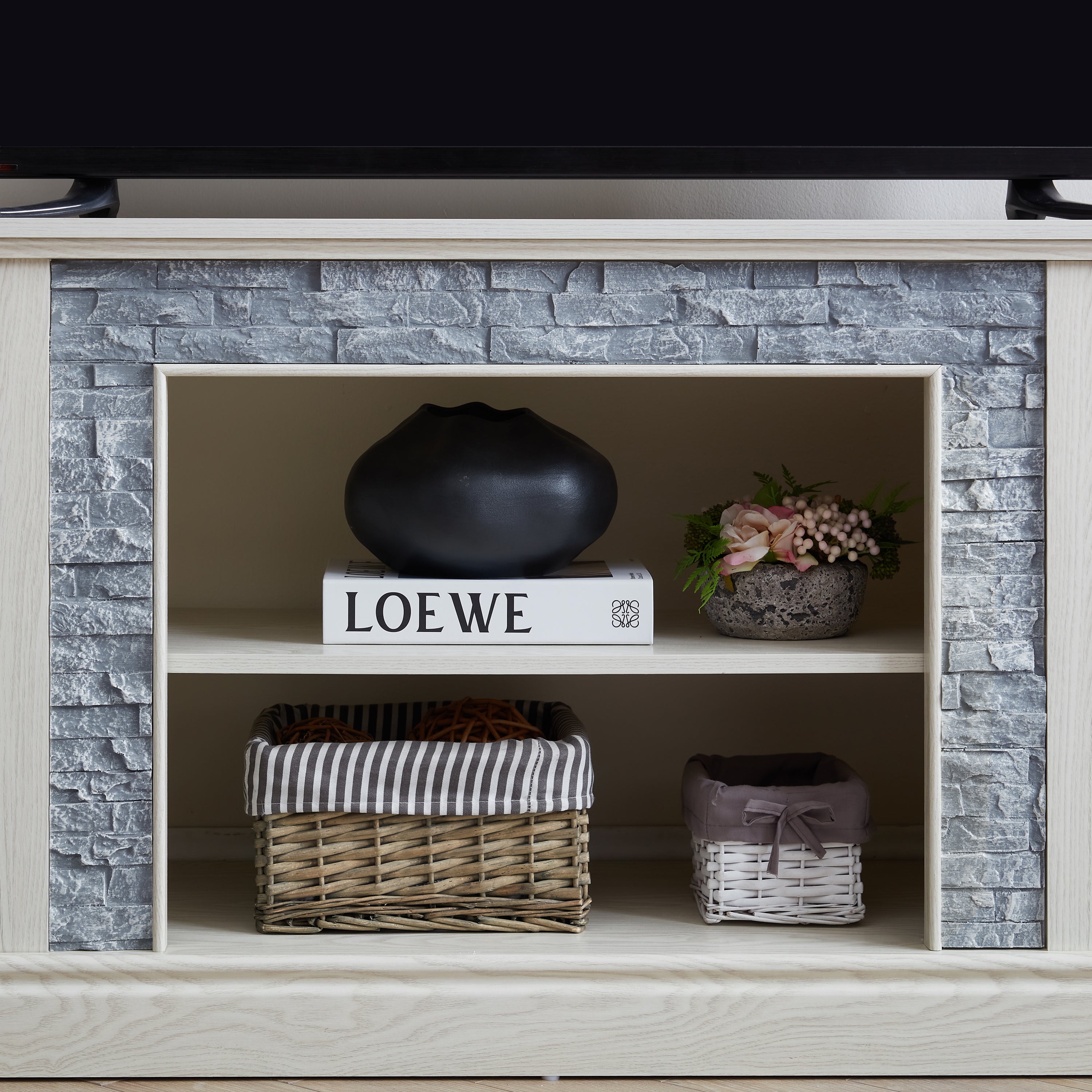 Large TV Desk Storage Rack with Faux Stacked Stone Surround,Media Console Table with Large Storage Cabinet,Modern TV Media Entertaionment Stand,WHITE, 70.12'W*15.35'D*25.83'H - Grand Goldman Shop