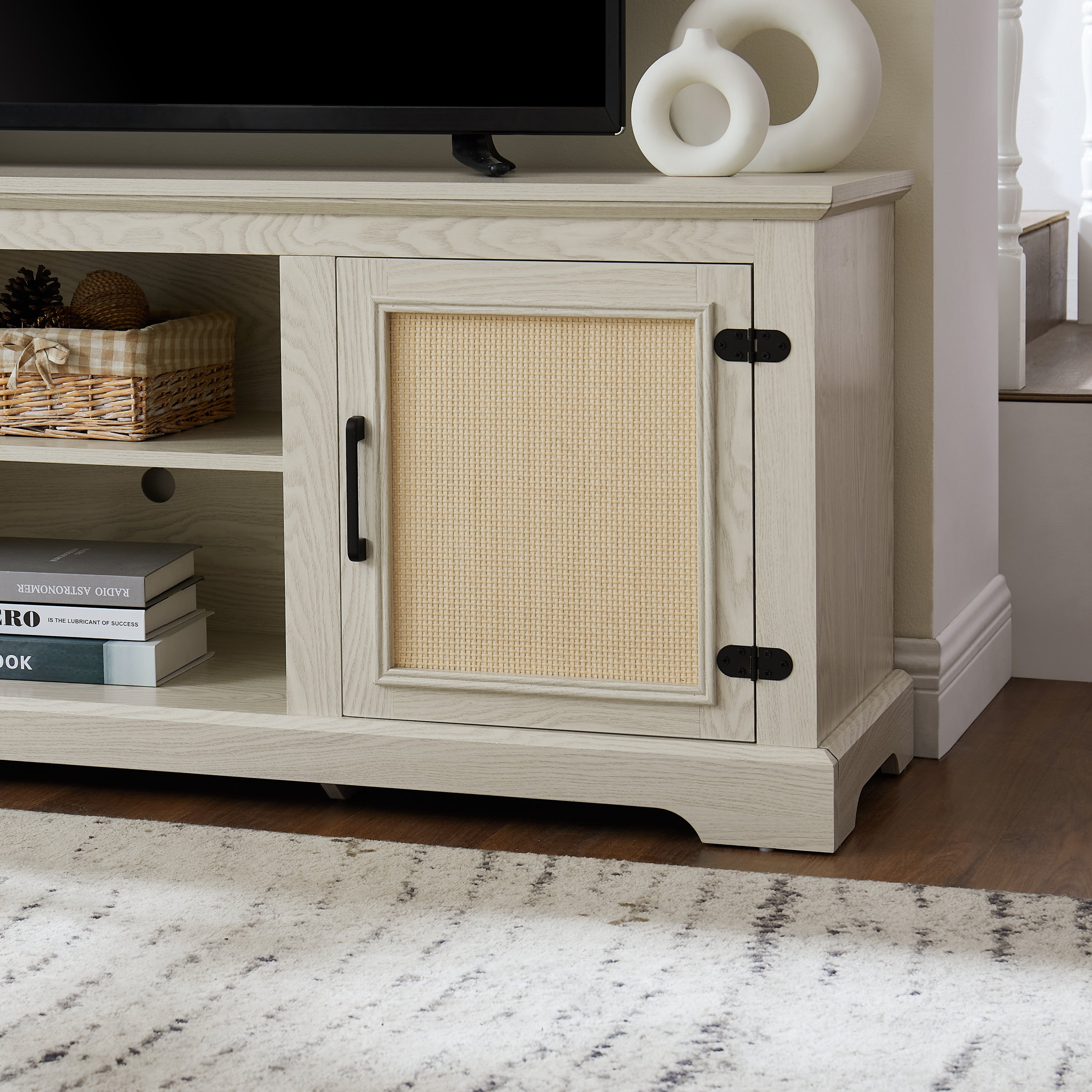 Farmhouse Rattan TV Stand Console Table for TVs up to 70 Inches, TV Console Table with 2 Storage Shelves, 2 Natural Rattan Door Cabinets,65'W*15.55'D*23.86'H, White - Grand Goldman Shop